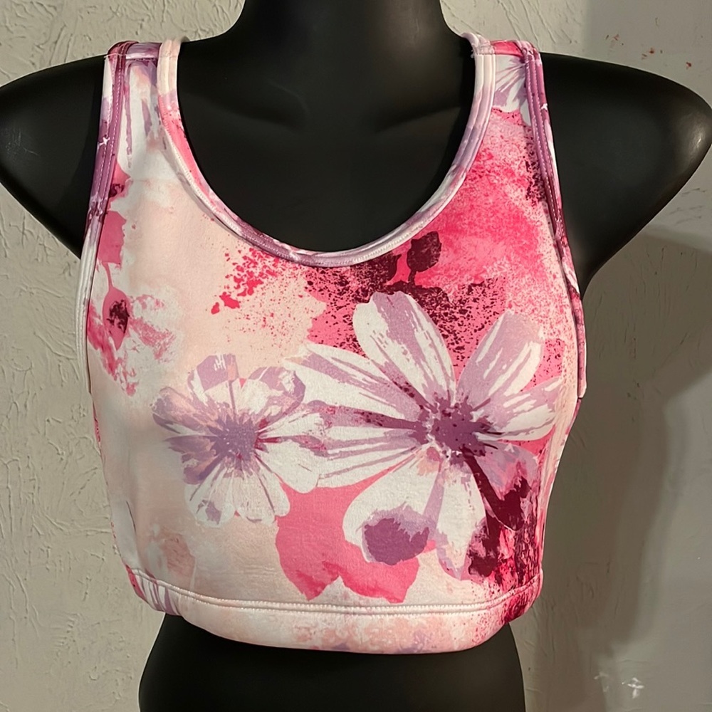 NWOT Girl’s XL 13 Justice reversible white pink floral sports bra